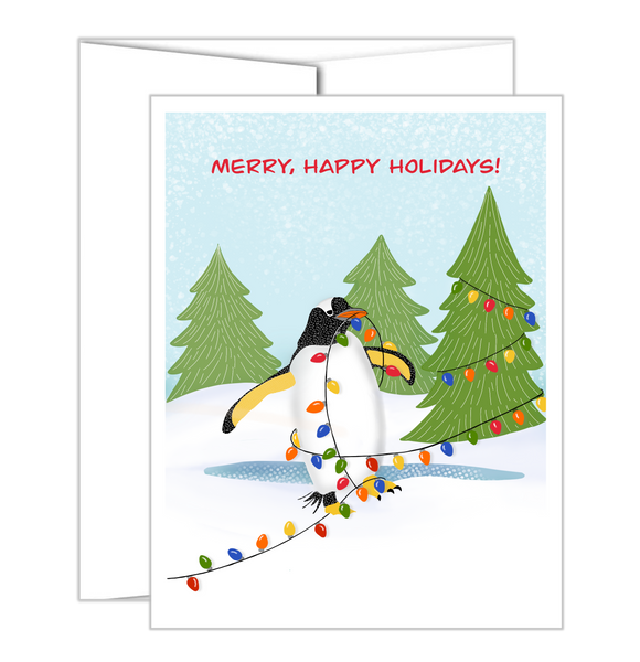 Emperor Penguin Playing In Christmas Lights