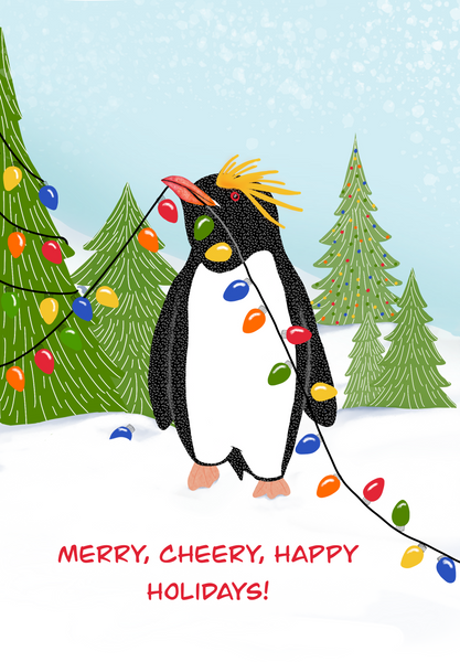 Macaroni Penguin Lighting A Tree