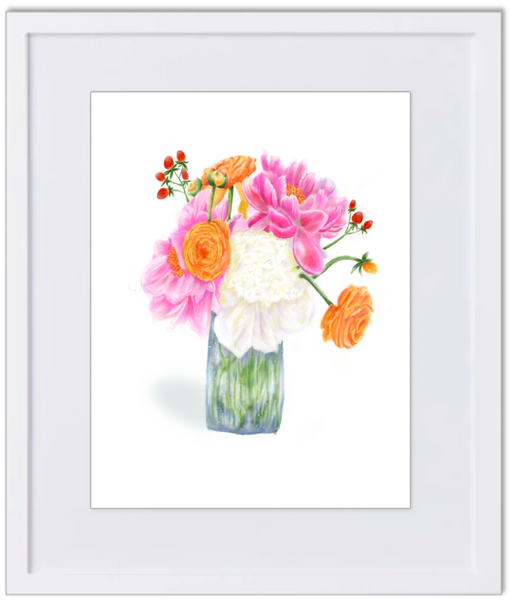 Ranunculus and Peonies Bouquet Watercolor 8x10