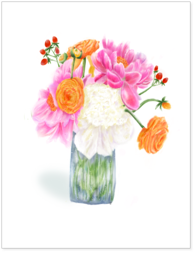 Ranunculus and Peonies Bouquet Watercolor 8x10