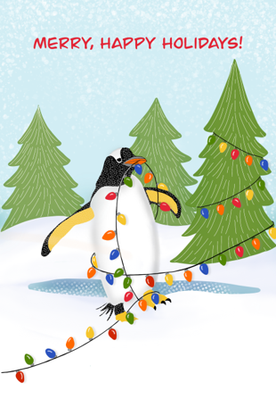 Emperor Penguin Playing In Christmas Lights