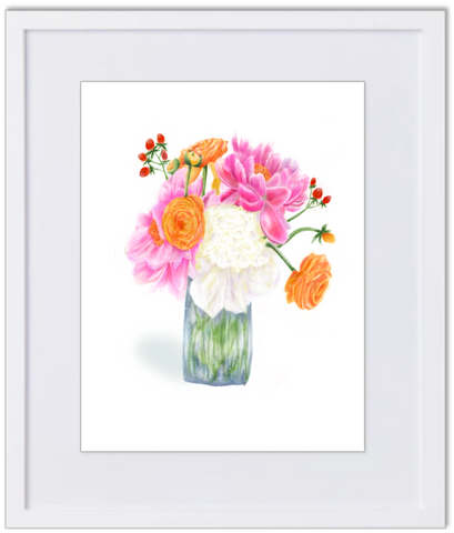Ranunculus and Peonies Bouquet Watercolor 8x10